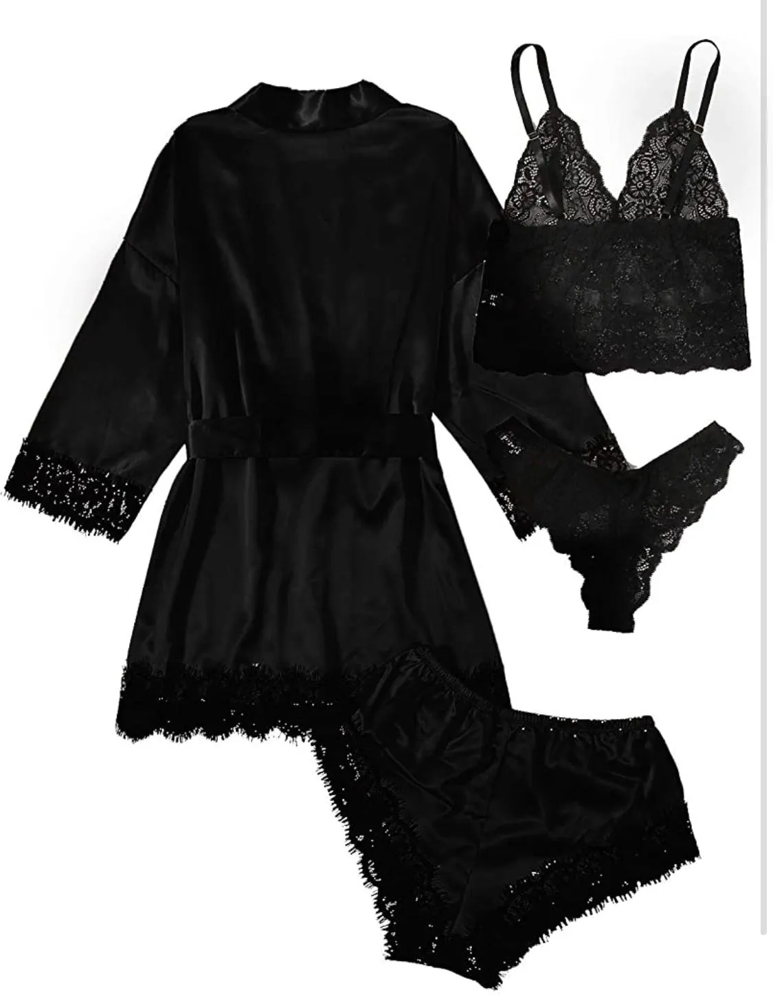 Women's Sleepwear 4pcs Floral Lace Trim Satin Cami Pajama Set with Robe