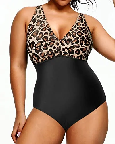 Women's Twist Front Cross One Piece V-Neck Plus Size Swimsuits-Black And Leopard