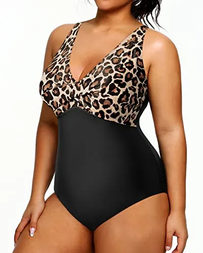 Women's Twist Front Cross One Piece V-Neck Plus Size Swimsuits-Black And Leopard