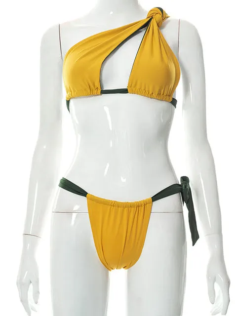 Yellow Patchwork Lace up Sling Hollow out Bikini